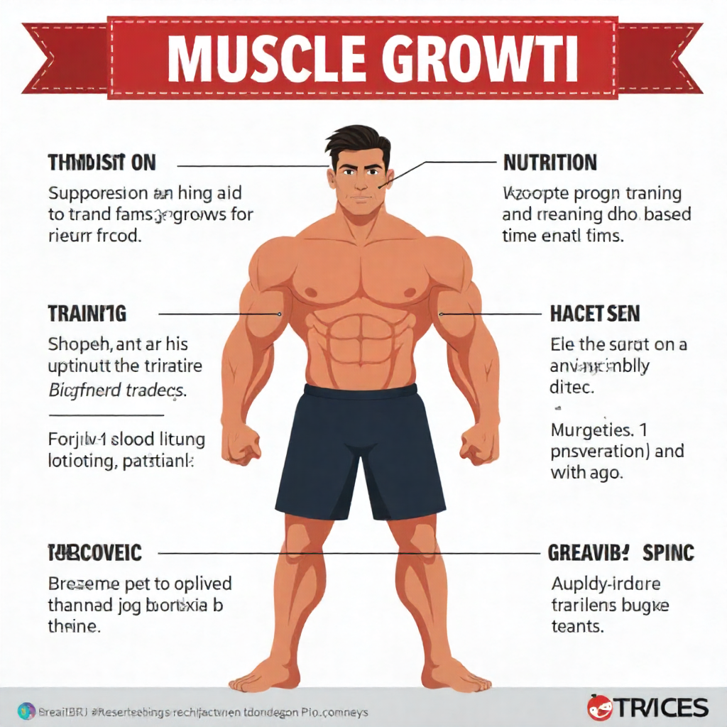 Infographic illustrating the combination of training, nutrition, supplementation, and recovery strategies for optimal muscle growth with Advanced Muscle Plus.