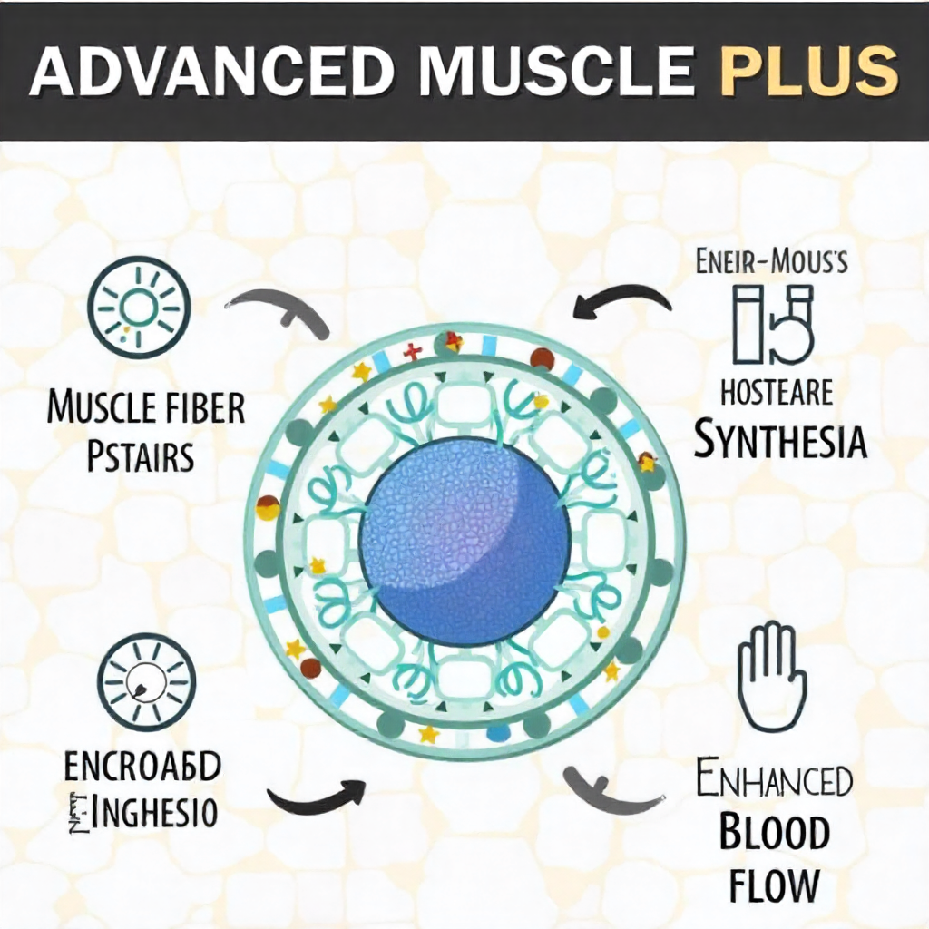 Infographic illustrating the cellular action of Advanced Muscle Plus with muscle fiber repair, increased protein synthesis, boosted energy, and enhanced blood flow.