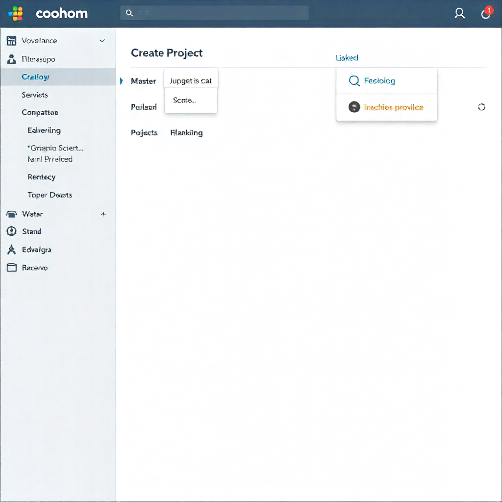 Coohom Create Project menu screenshot showing options to start a new 3D room design with templates, floor plans, and asset library access