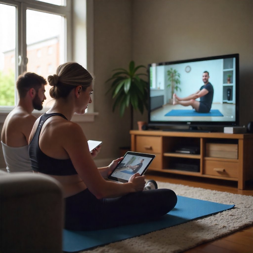 People doing home workouts following a Fitness Videos Pack video on a laptop or tablet