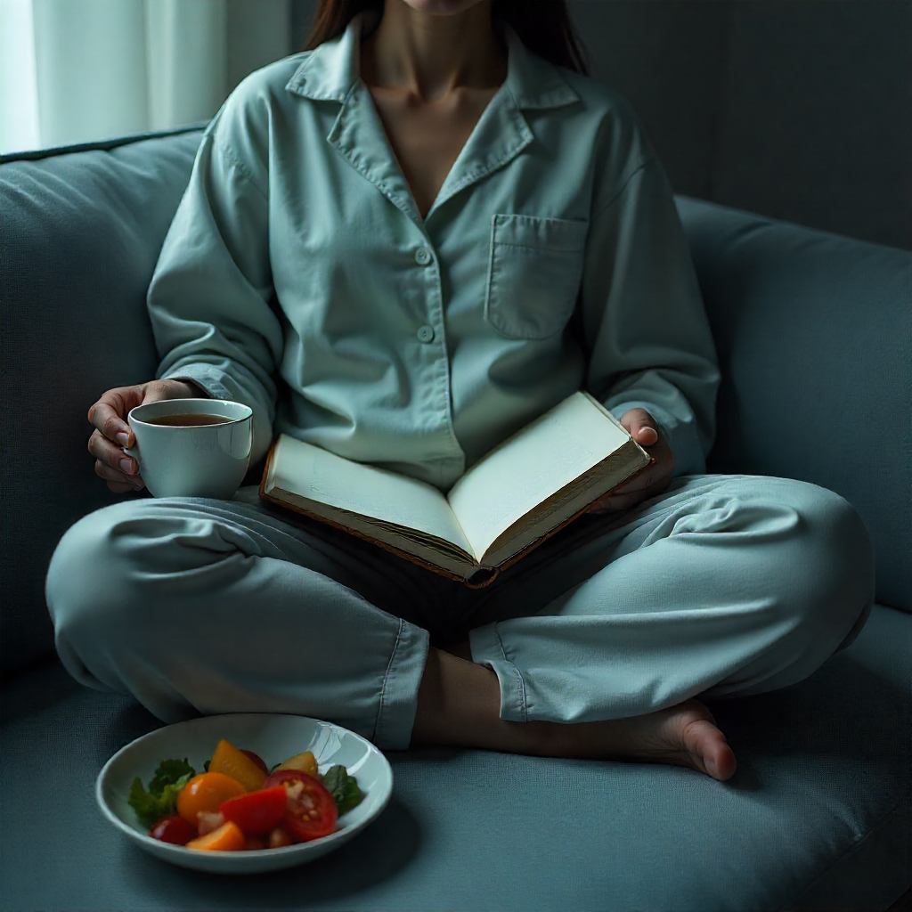 Person wearing pajamas sitting comfortably at home with a notebook, tea, and healthy food — promoting relaxation and wellness for the Pajama Diet