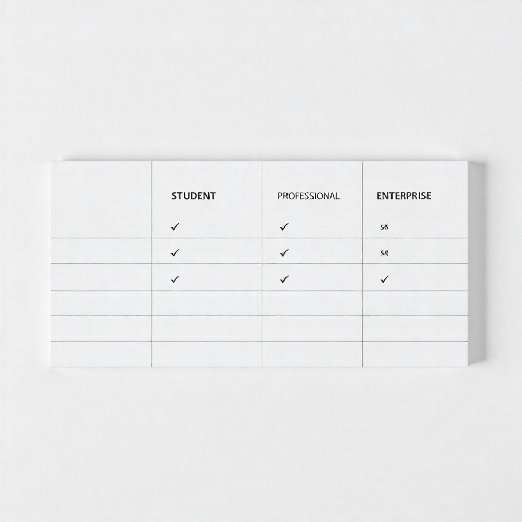 Comparison table displaying Free, Student, Professional, and Enterprise plans, outlining feature differences, access levels, and included services.