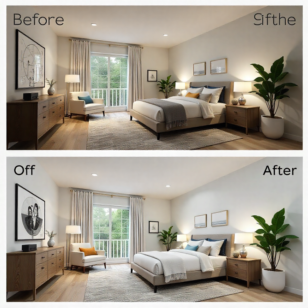 Coohom AI auto-design example showing a before and after staging of a 3D room layout with furniture and décor arranged automatically