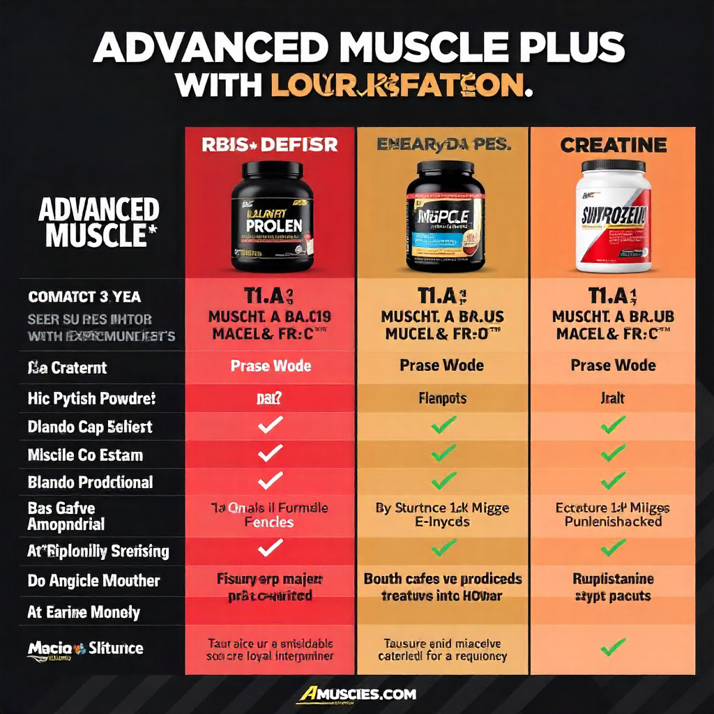 Side-by-side comparison chart of Advanced Muscle Plus versus generic protein powders, pre-workouts, and creatine supplements, highlighting muscle growth, recovery, energy, and endurance benefits.