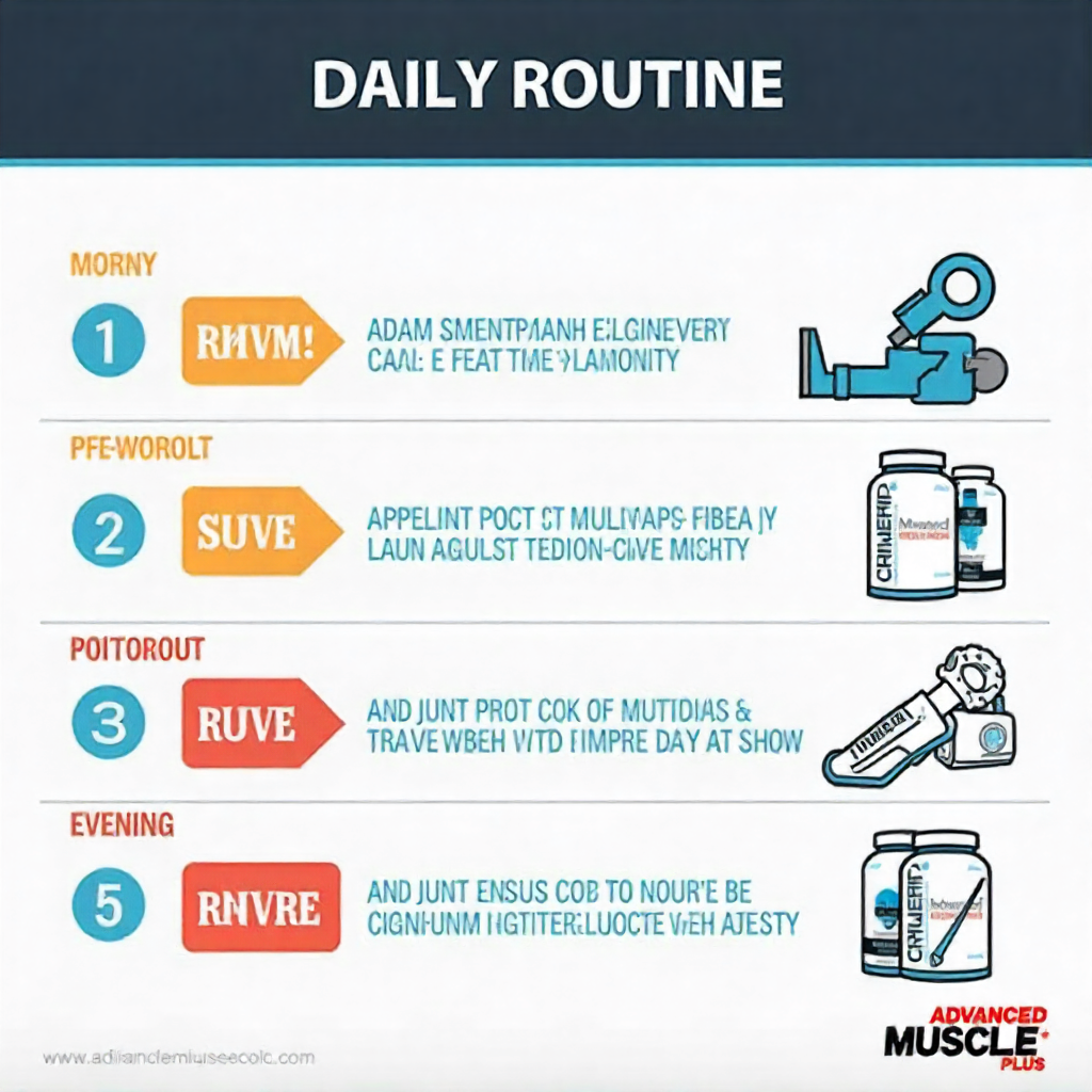 Step-by-step infographic showing a daily routine with morning, pre-workout, post-workout, and evening usage of Advanced Muscle Plus supplement.