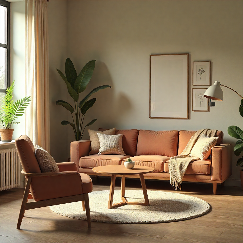 Coohom 3D editor screenshot showing a room with furniture arranged, including sofa, table, chairs, and décor in a realistic layout