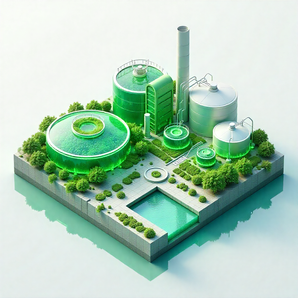 Futuristic green energy facility featuring algae biofuel production with large storage tanks, illuminated bioreactors, and advanced clean-energy infrastructure.