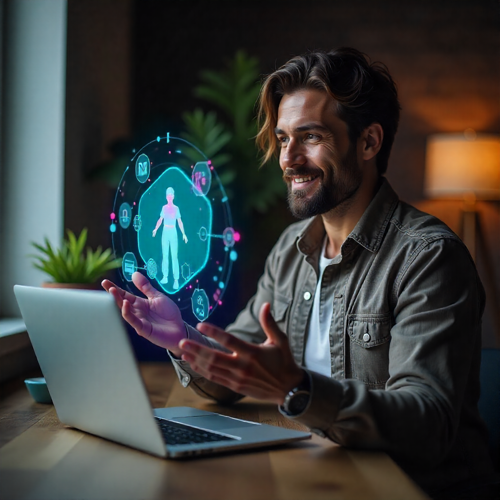 Digital marketer presenting a hologram video on a laptop using TryHolo.ai, demonstrating engaging AI-powered 3D content for marketing campaigns