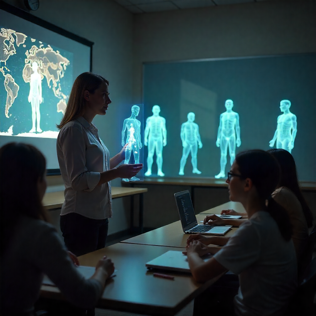 Teacher using a hologram video in a virtual classroom with TryHolo.ai, demonstrating engaging AI-powered 3D educational content