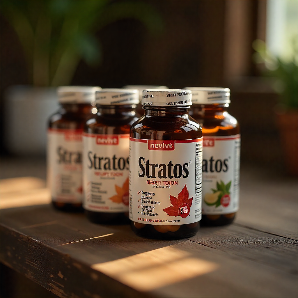 High-resolution Stratos supplement bottles neatly lined up on a table for product display.