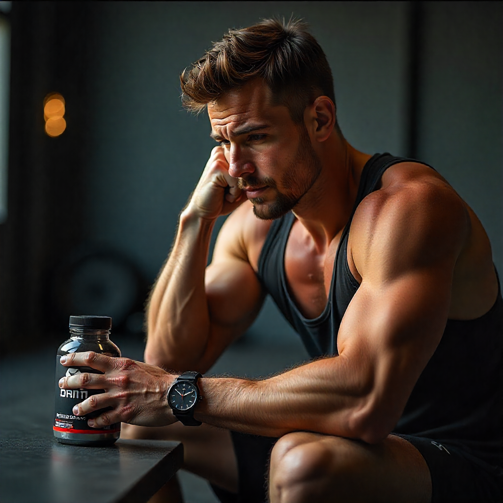 Athlete resting after a workout with a Stratos supplement bottle placed nearby