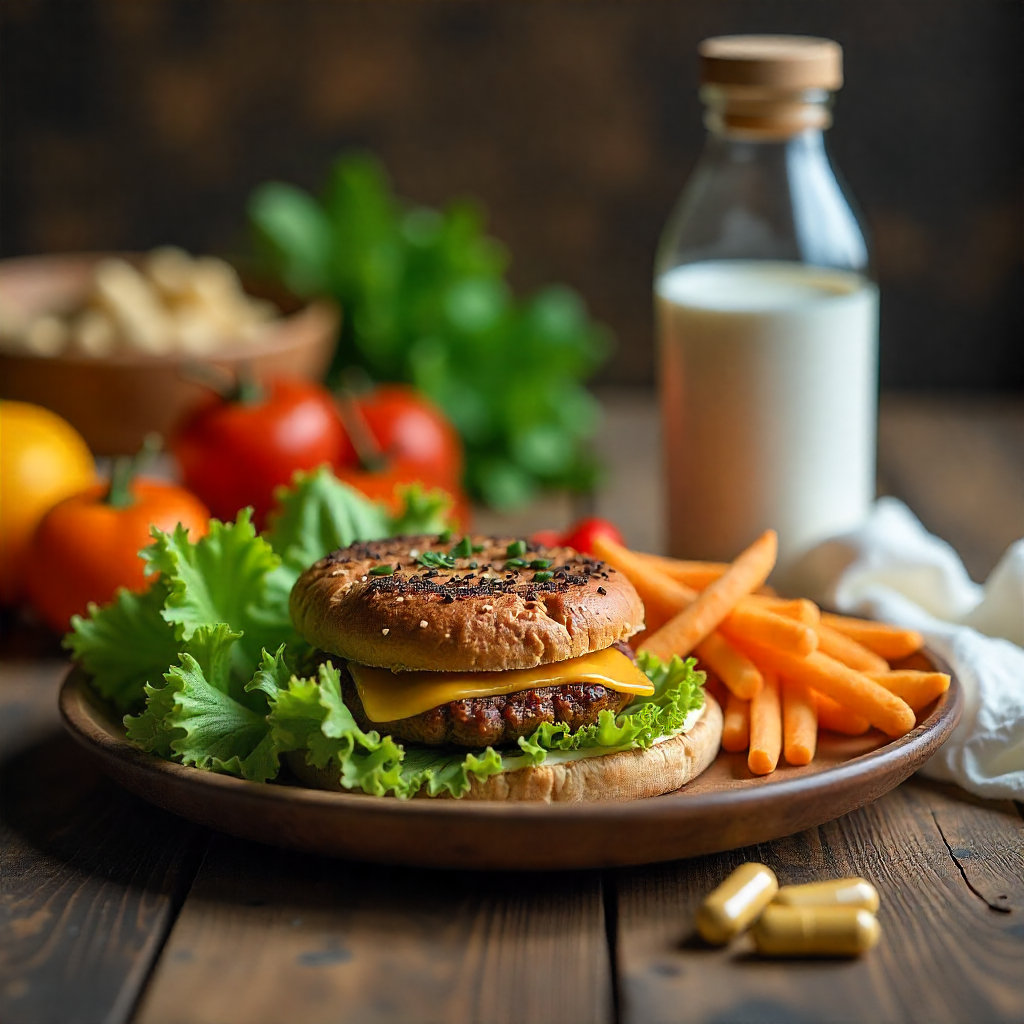Balanced meal with a water bottle and Stratos supplement pills placed beside it.