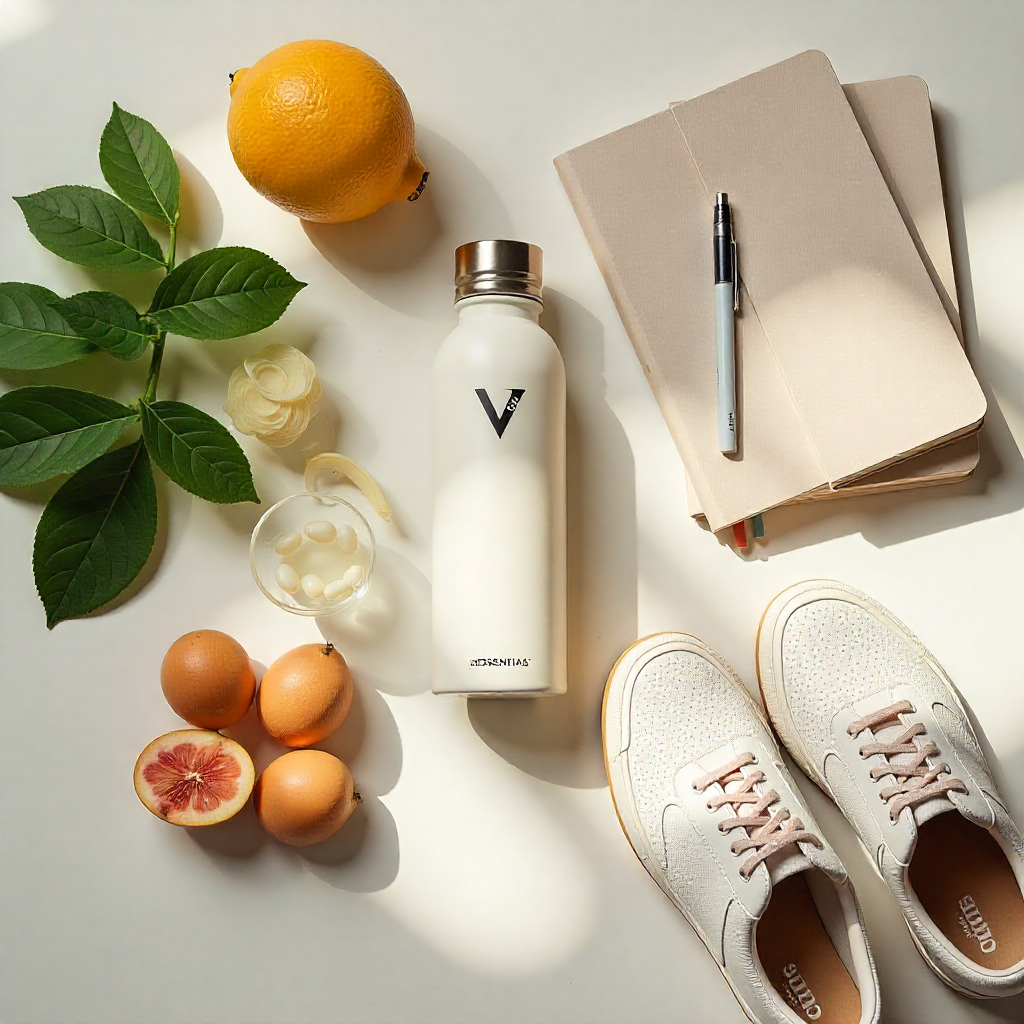 Flat lay of healthy food ingredients, water bottle, journal, and sneakers, representing the reset essentials for The 30-Day Metabolic Reset.