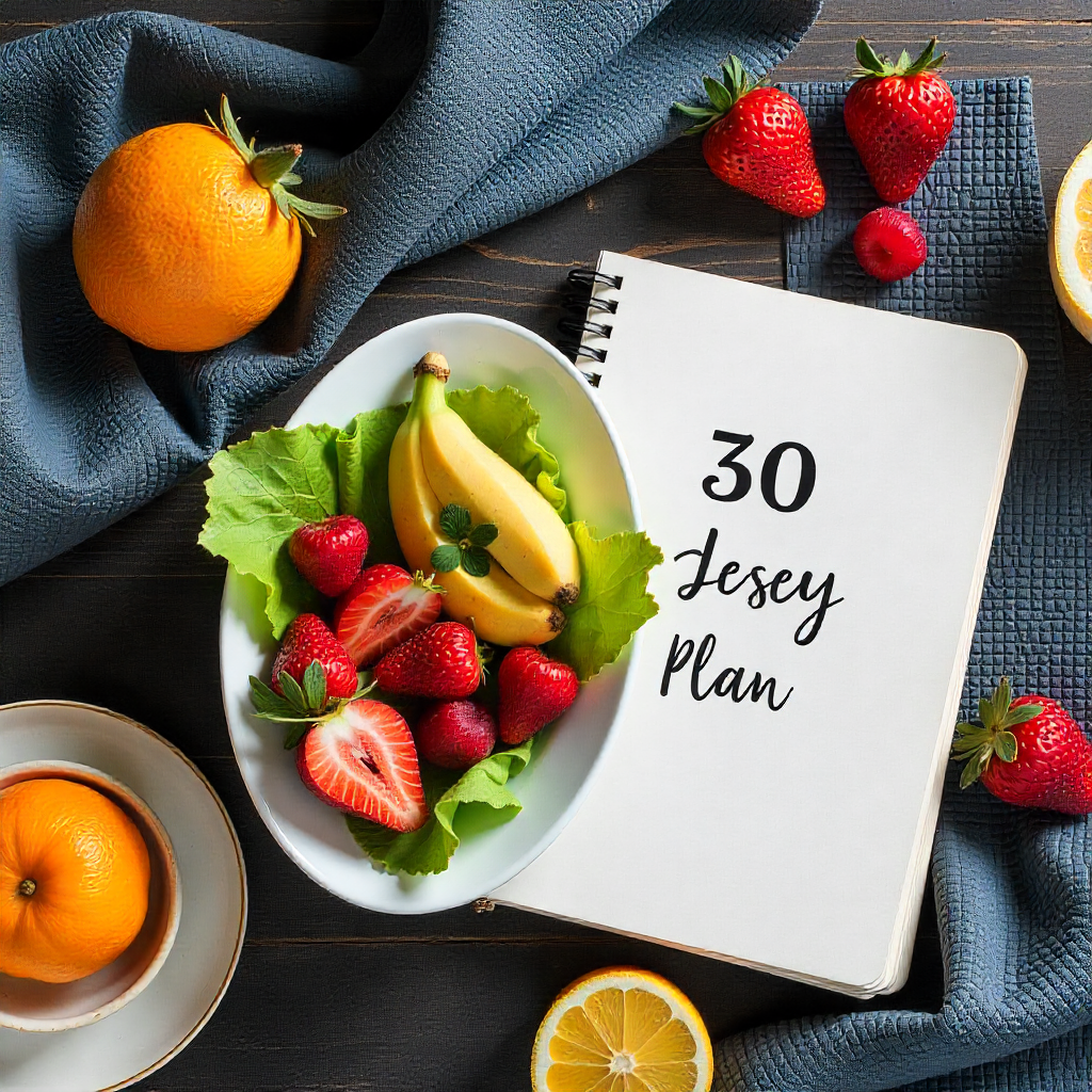 Flat lay of colorful, healthy meals, a yoga mat, and a journal titled '30-Day Reset Plan,' representing the nutrition and lifestyle components of The 30-Day Metabolic Reset.