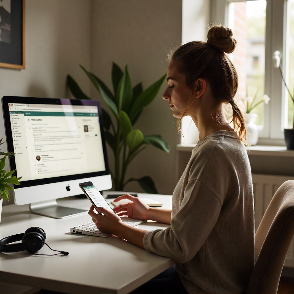 Sarah meditating at her desk with the OurRitual app open, practicing mindfulness to reduce stress and improve focus at work.