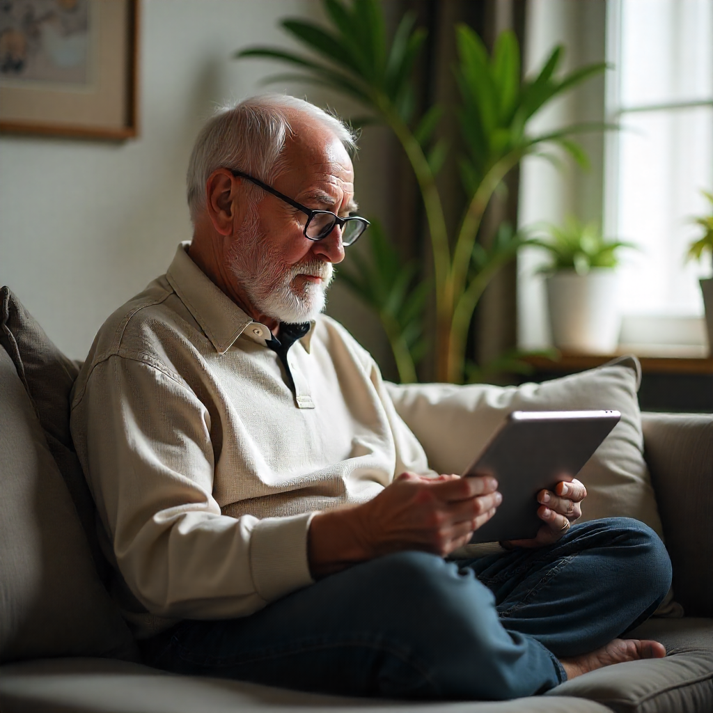 Retiree meditating with OurRitual open on a tablet, supporting mindfulness, mental clarity, and a calm daily routine
