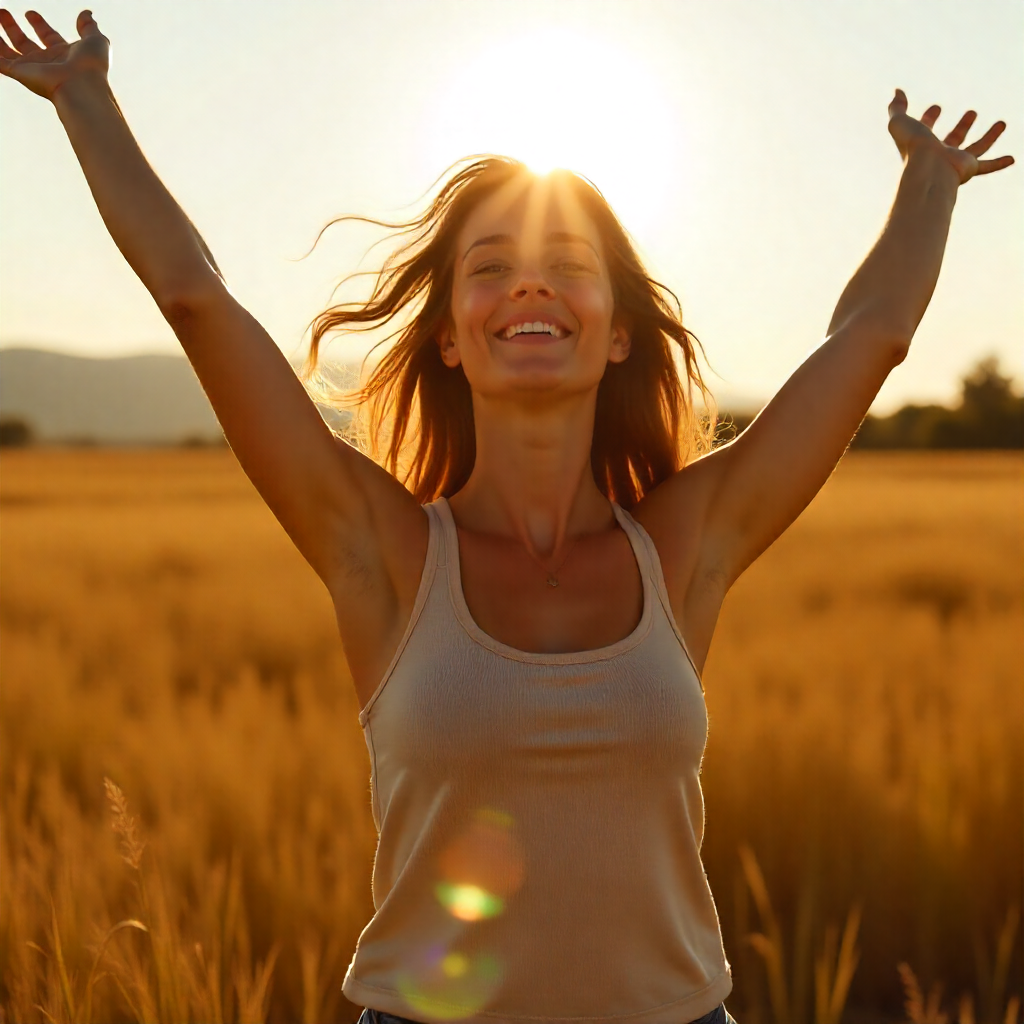 A confident person standing outdoors with arms raised, radiating energy and vitality — symbolizing transformation and freedom achieved through The 30-Day Metabolic Reset