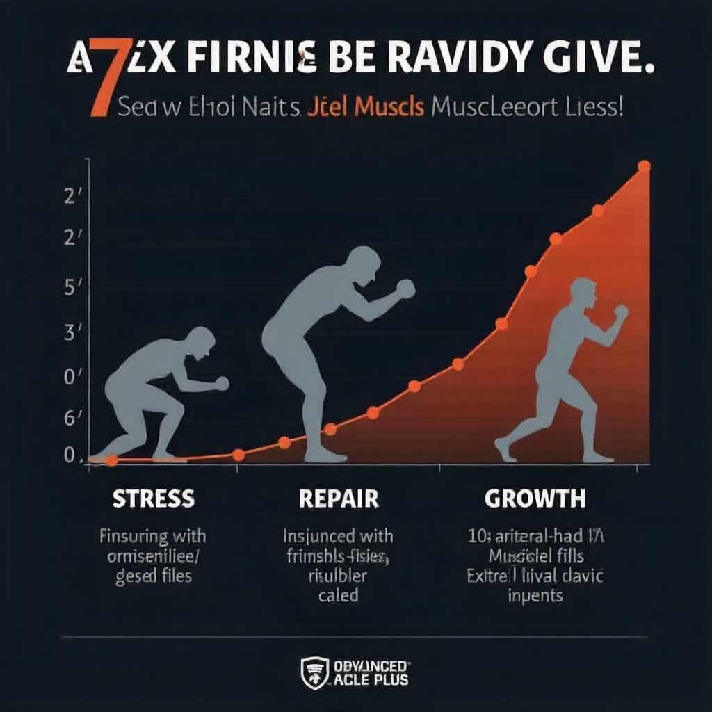Timeline graphic showing muscle stress, repair, and accelerated growth enhanced by Advanced Muscle Plus supplement.