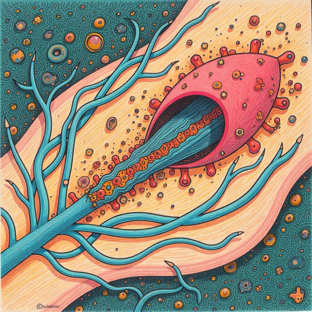 Scientific visualization of mitochondria producing ATP energy inside a human cell.