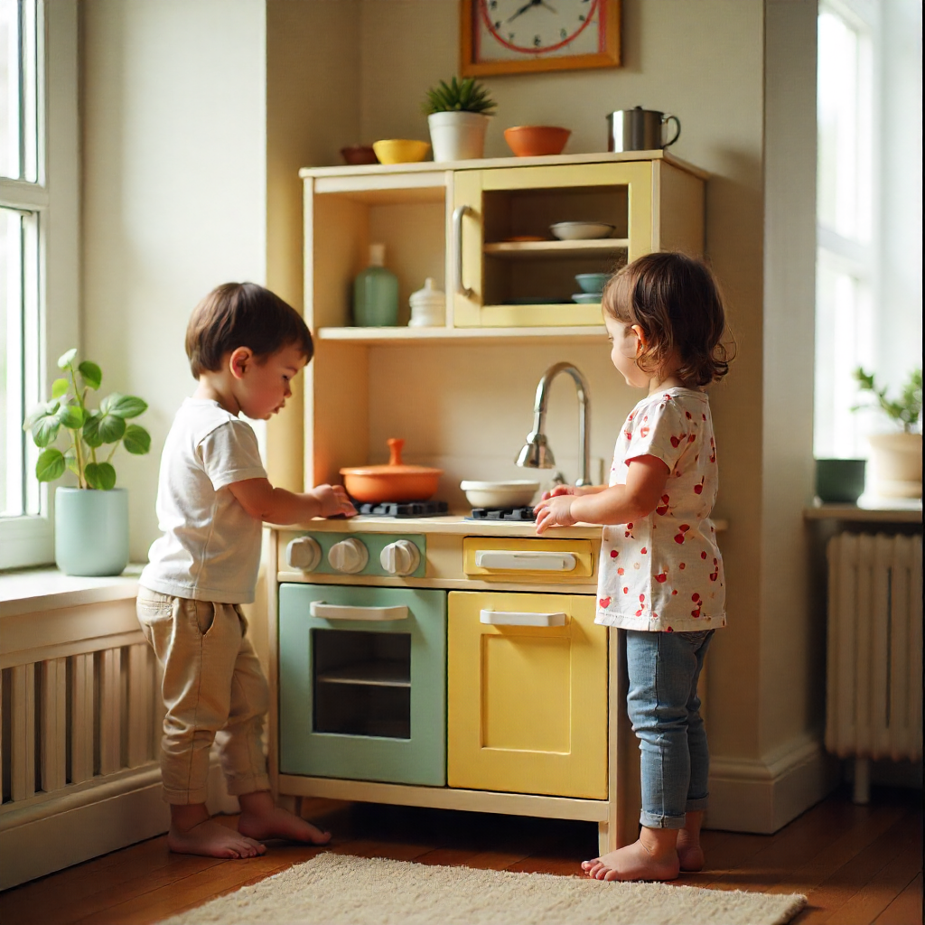 Kids playing with a vibrant Tiny Land Play Kitchen setup, showing interactive and imaginative role play