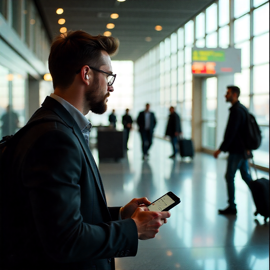Traveler using Timekettle WT2 earbuds at an airport for real-time translation, with inset showing business professionals wearing earbuds during a multilingual meeting, highlighting travel and business applications