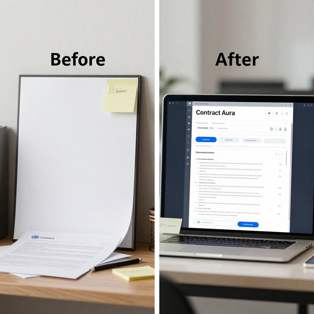Traditional contract chaos compared with a clean digital contract dashboard powered by Contract Aura