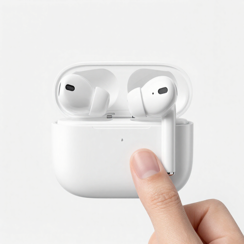 User interacting with Timekettle WT2 earbud using touch controls, demonstrating easy operation and hands-free real-time translation functionality