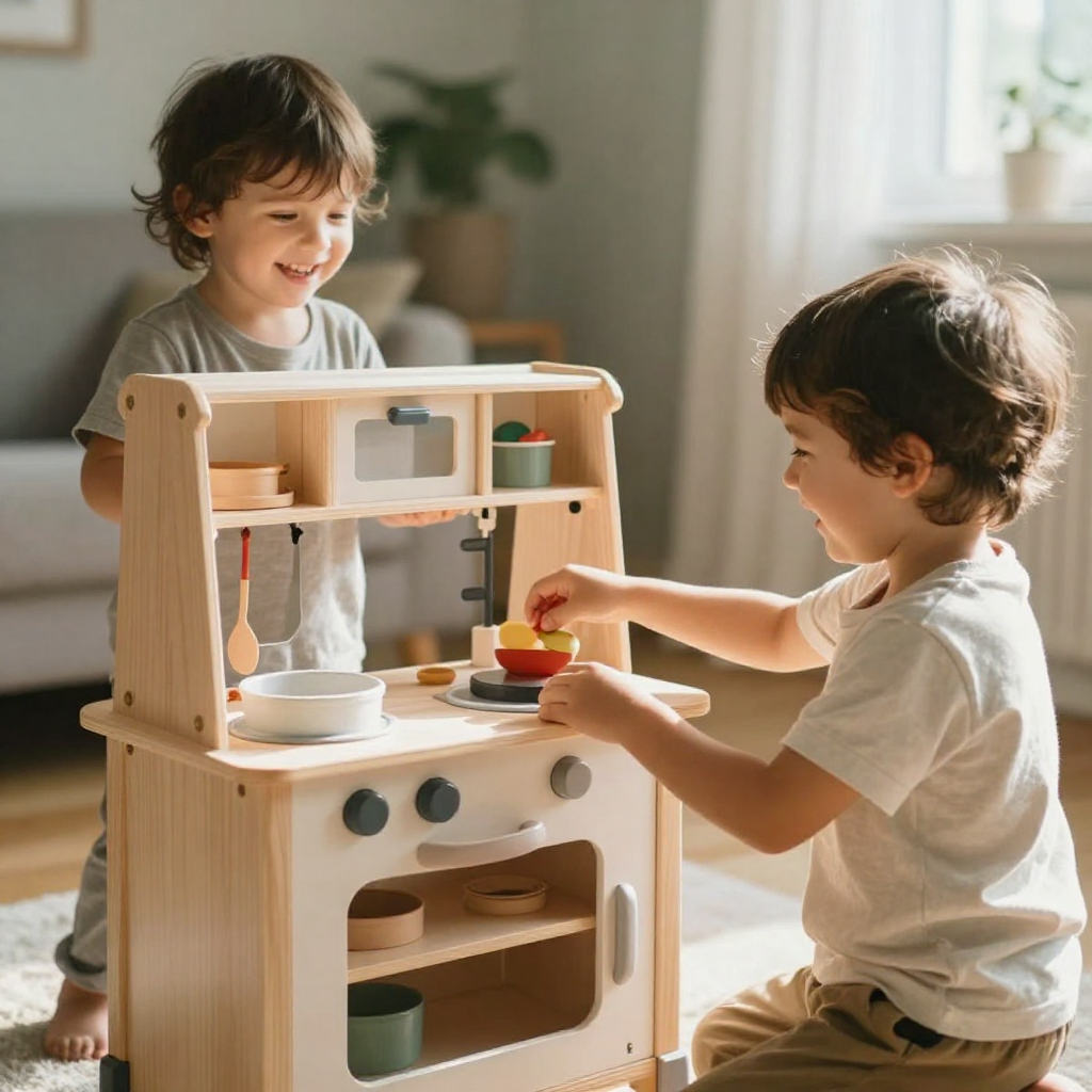 Smiling children playing happily with Tiny Land Play Kitchen, showing joyful and engaging playtime