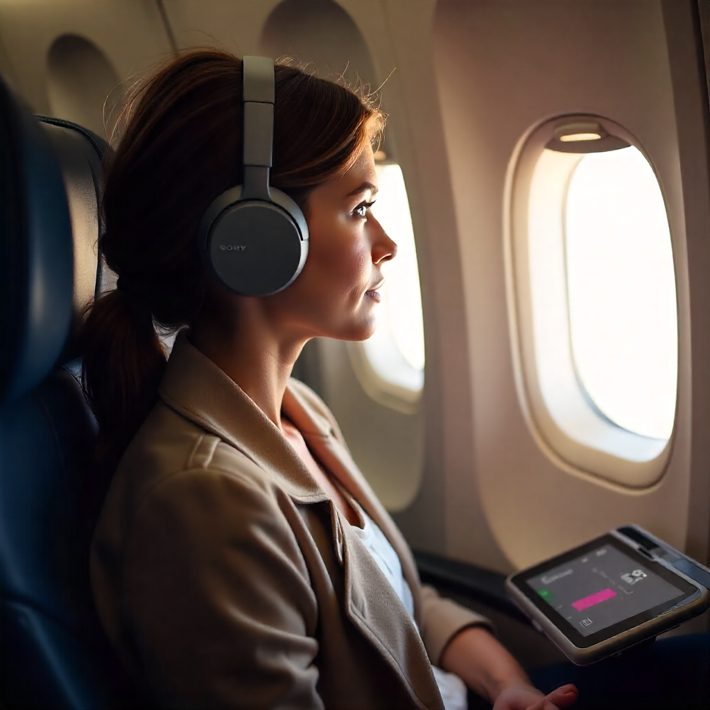 Traveler wearing Sony WH headphones on a long flight, showcasing extended battery life and comfort
