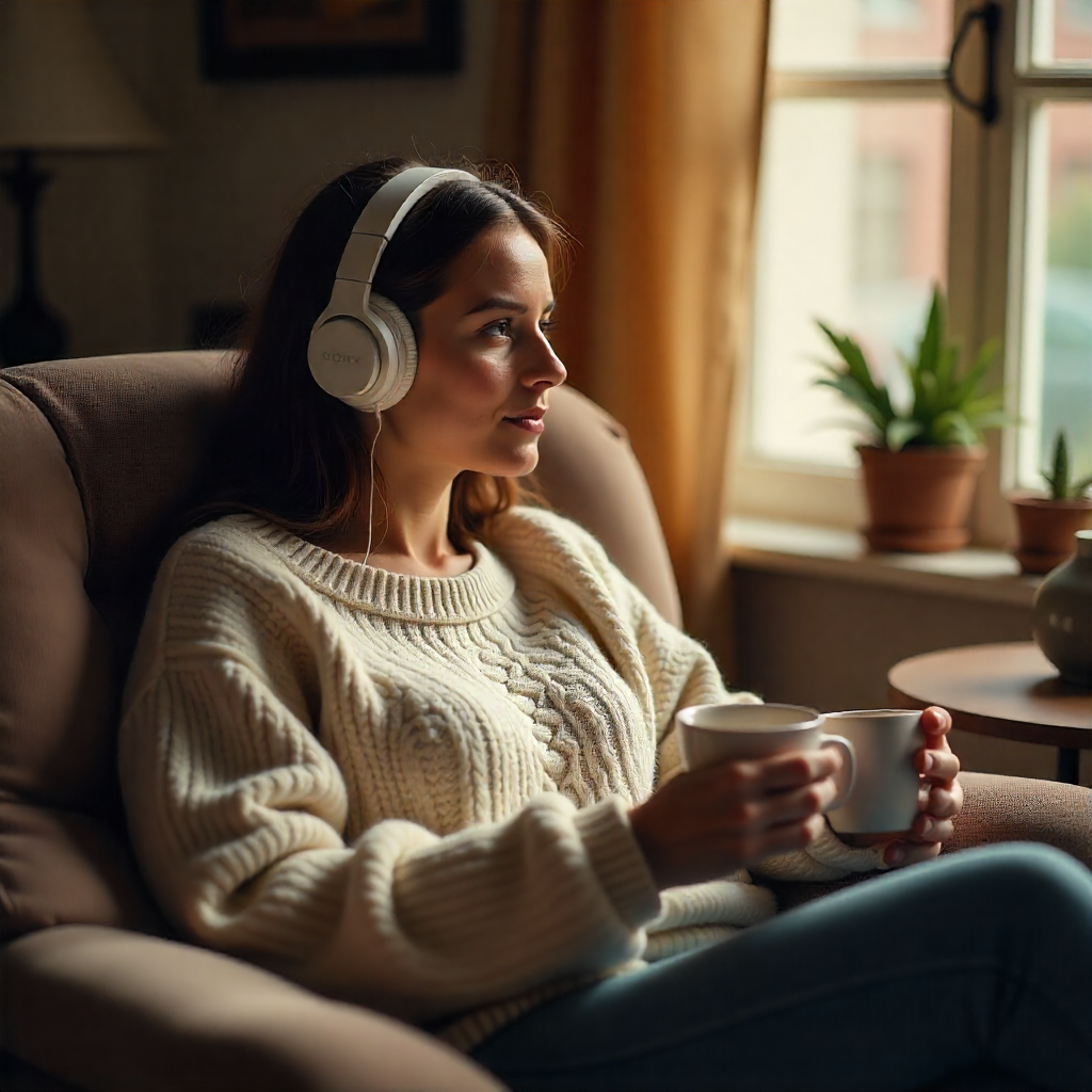 Person relaxing at home listening to music with Sony WH headphones.