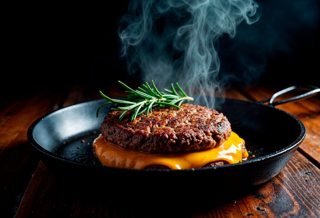 Close-up of a steak searing perfectly on HexClad Hybrid Nonstick pan ridges, showing even browning and nonstick pockets