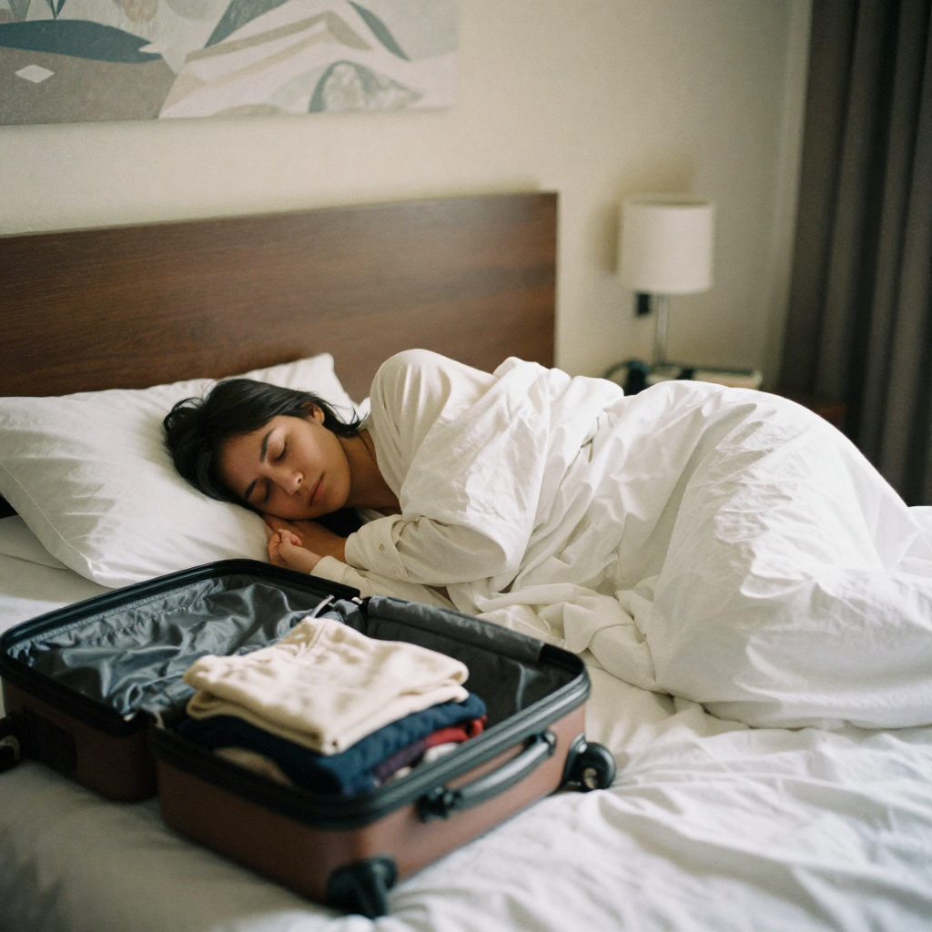 Traveler sleeping comfortably in a hotel room