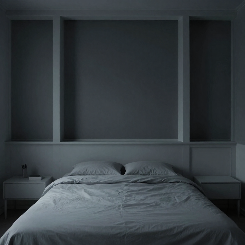 Dark minimalist bedroom designed for deep, uninterrupted sleep.