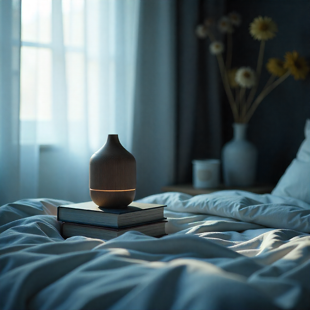 Essential oil diffuser in a softly lit bedroom promoting relaxation