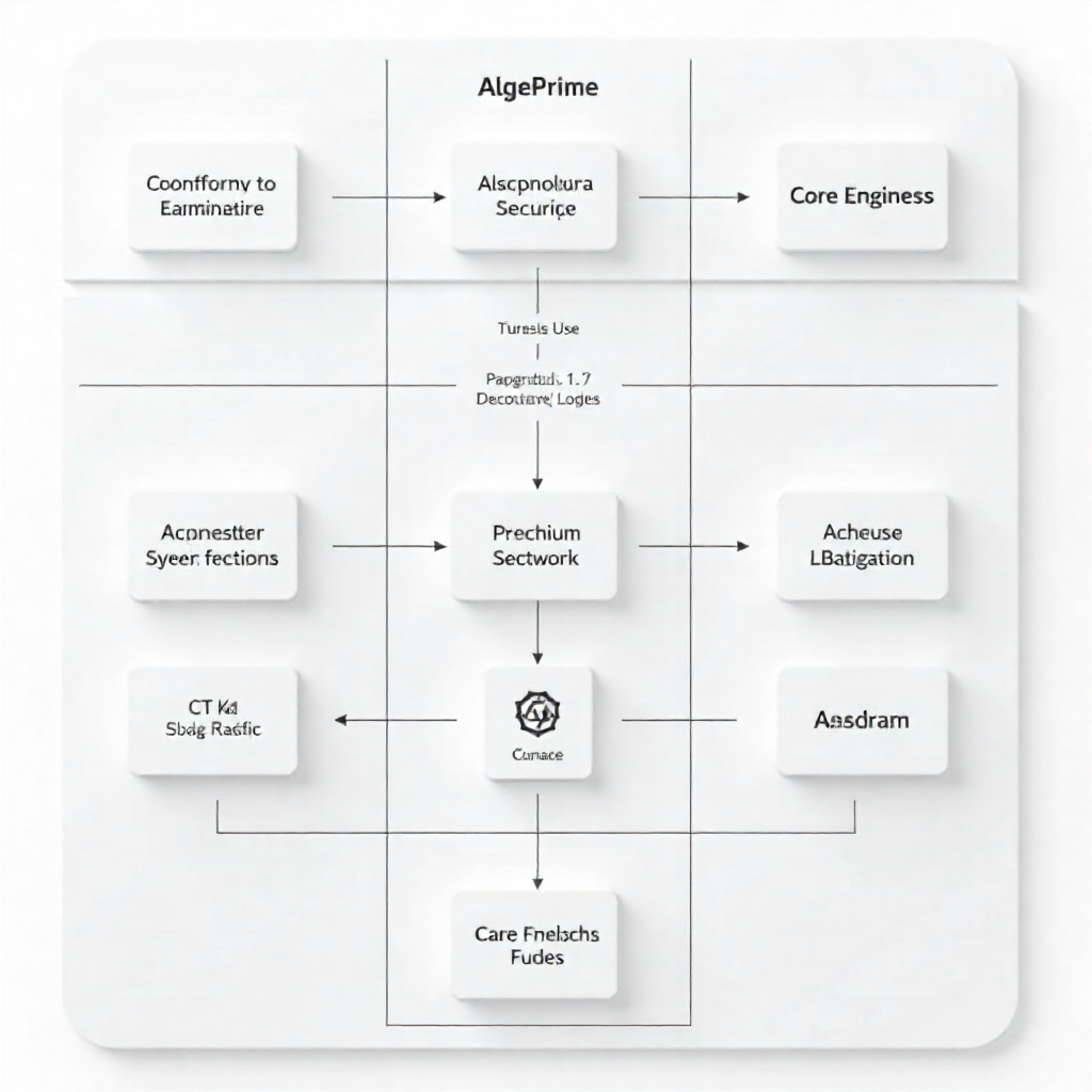 AlgePrime modular architecture with core engine, data flow, and security layers.
