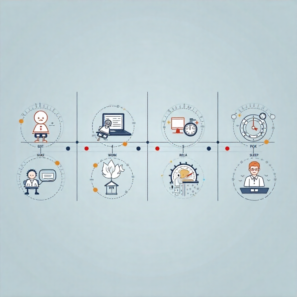 Daily timeline infographic showing Apollo Neuroscience usage throughout the day to support stress relief, focus, relaxation, and better sleep