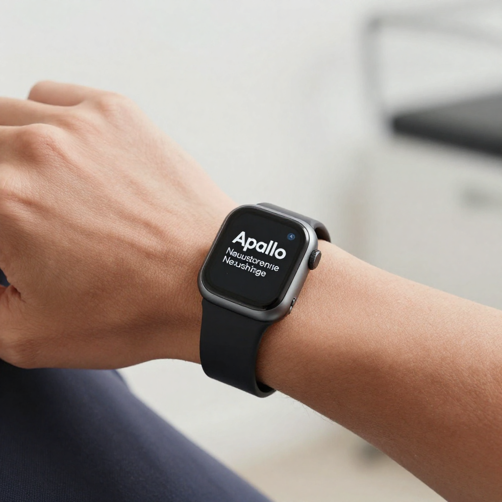 Apollo Neuroscience wearable displayed on a wrist with a modern minimal background, showcasing a science-backed device designed to reduce stress and improve sleep and focus